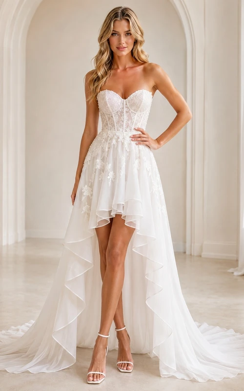 Trägerloses A-Linien-Brautkleid aus Tüll mit Korsett und asymmetrischem Saum, Schleppe und elegantem Schnitt