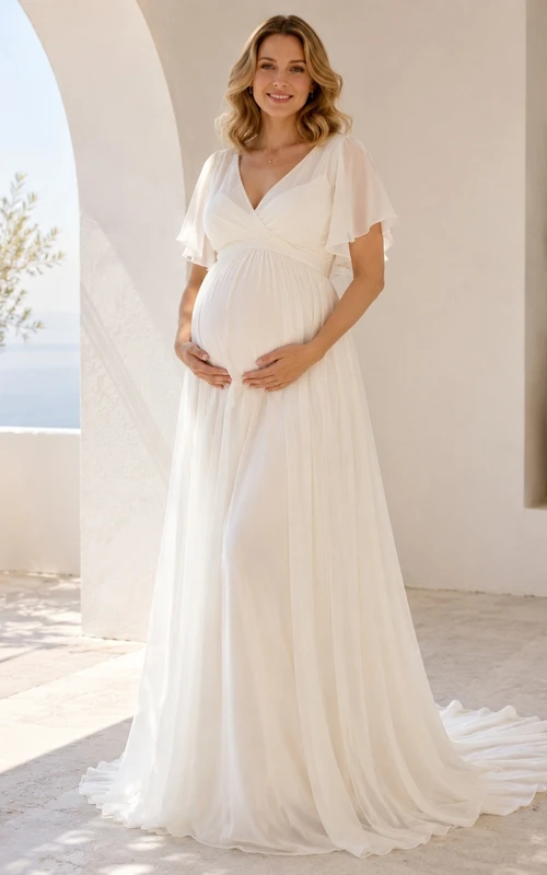 Maternity V-Neck Short Sleeve Chiffon Sweep Train Wedding Dress