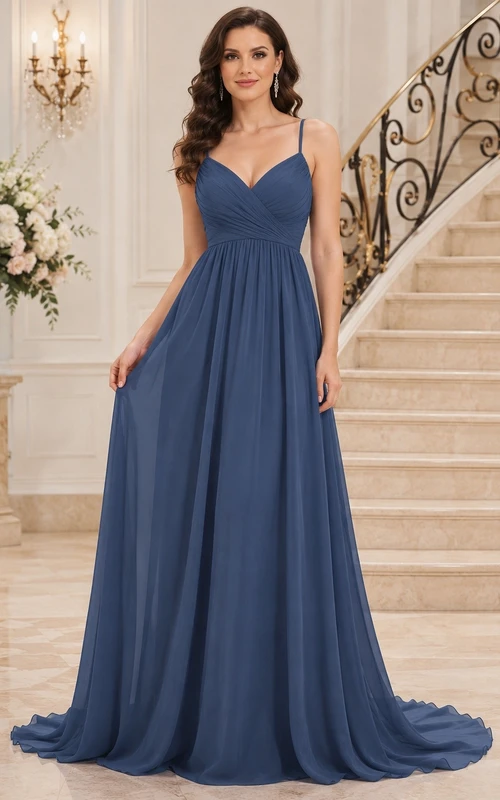 Vestido de fiesta de corte A con escote corazón y tirantes finos de gasa azul marino oscuro