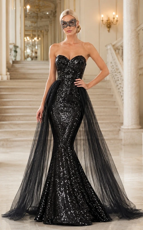 Black Strapless Sweetheart Sequined Mermaid Tulle Overskirt Masquerade Prom Evening Gown