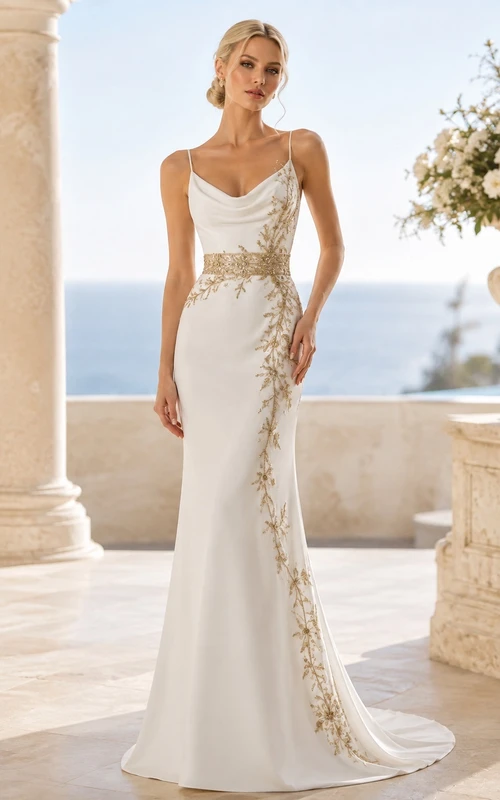 Coastal Gilded Drape Mermaid/Trumpet Bridal Dress Cowl Neck Sleeveless Floor-length Sweep Train Modern Gown
