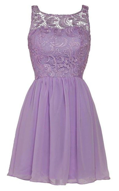 Wunderschönes, ärmelloses, kurzes Cocktailkleid aus Chiffon mit Illusionseffekt und Spitze