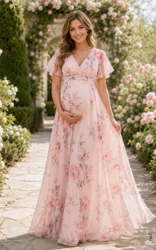 Rosa geblümtes Maxikleid mit flatternden Ärmeln für kleine Umstandsmode