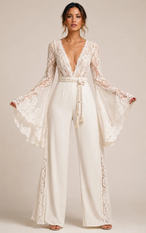 Boho-Jumpsuit-Hochzeitskleid, lange Glockenärmel, V-Ausschnitt, Spitze, bodenlang, Weiß