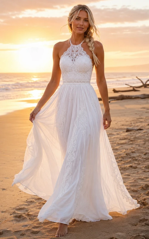 Beach Halter Lace Bodice Chiffon A-Line Wedding Dress