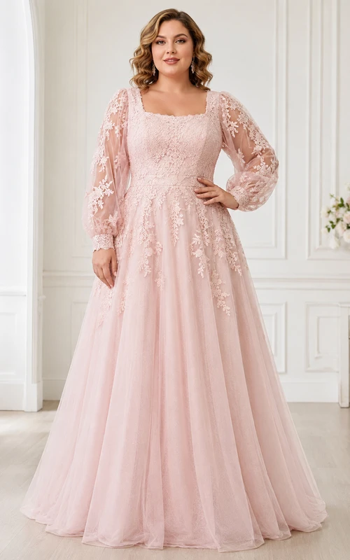 Blush Plus Size Square Neck Bishop Sleeve Lace Bridal Gown