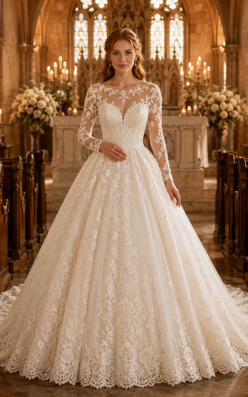 Romantic Long Sleeve Lace Ball Gown Chapel Bridal Dress