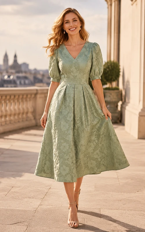 Sage V-neck Jacquard Flutter Sleeve Midi Dress