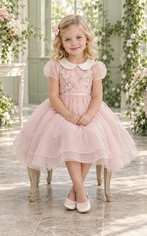 Vintage rosa A-Linien-Kleid aus Spitze und Tüll mit Kragen, Puffärmeln und Stufenrock für Blumenmädchen