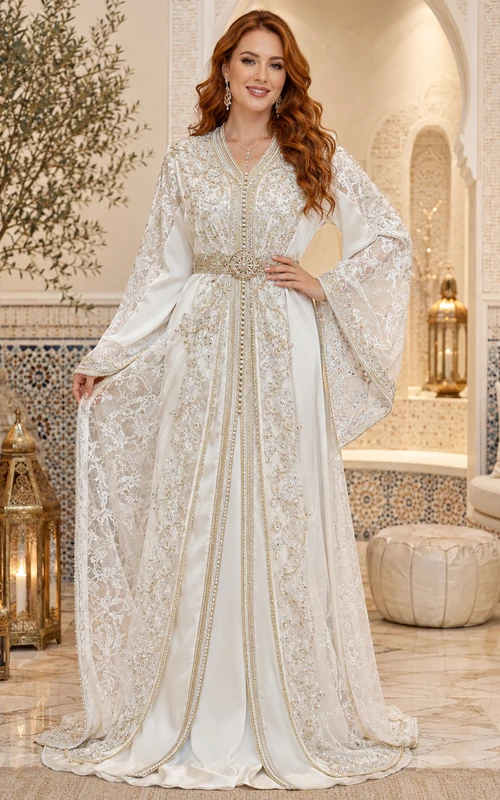Robe de mariée marocaine de luxe, style caftan, col en V, manches longues cape, broderies dorées