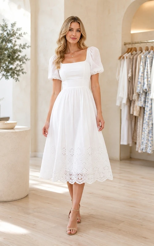 Robe d'invitée de jardin blanche à œillets, col carré, manches bouffantes, coupe trapèze, longueur thé