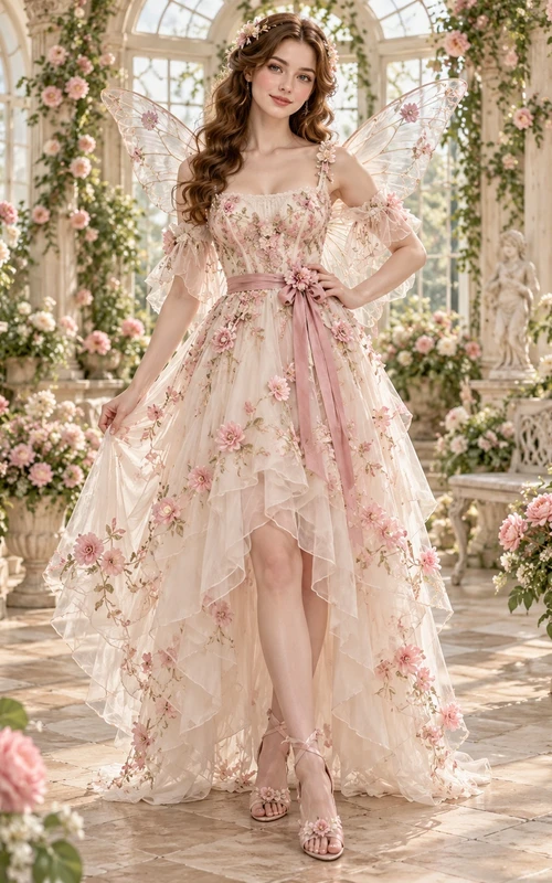 Fairy High-low Blush Floral Sweetheart Flutter Sleeve Layered Costume Dress