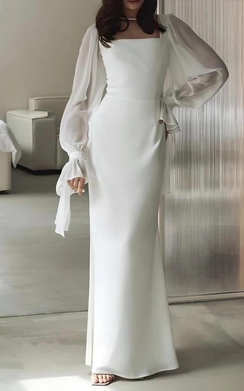 Minimalistisches Brautkleid mit eckigem Ausschnitt und Bischofsärmeln