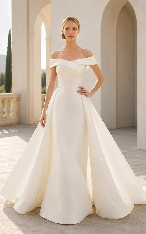 Schulterfreies A-Linien-Brautkleid aus Satin mit Hofschleppe
