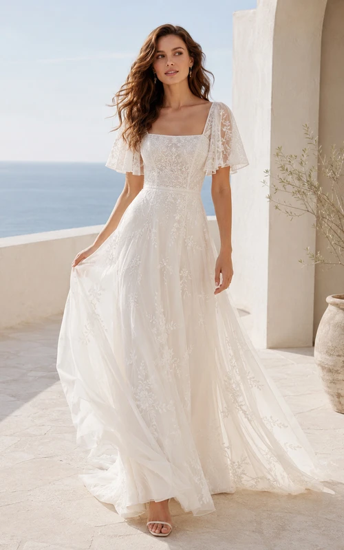 Robe de mariée bohème à col carré, manches courtes en dentelle, coupe trapèze et longueur au sol
