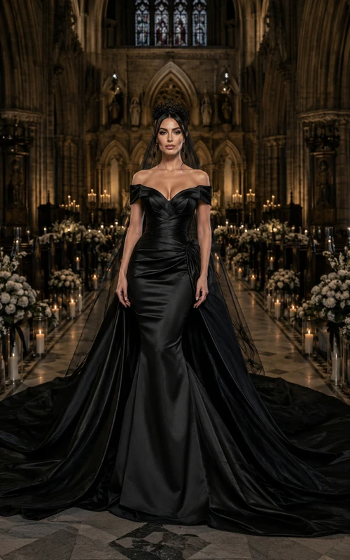 Vestido de novia de satén negro estilo sirena con hombros descubiertos y sobrefalda.