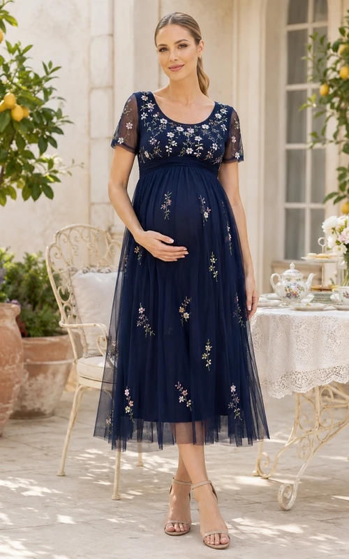 Umstandskleid aus Spitze mit Blumenmuster, eckigem Ausschnitt, kurzen Ärmeln und Empire-Stil, in Tintenblau, mit Blumenmuster, Empire-Stil, mit kurzen Ärmeln und Empire-Muster