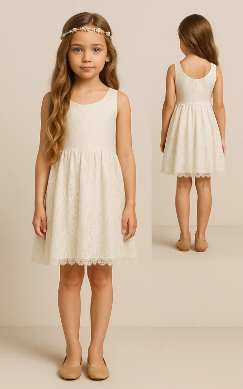 Robe de demoiselle d'honneur blanche en dentelle sans manches, col rond, longueur genou