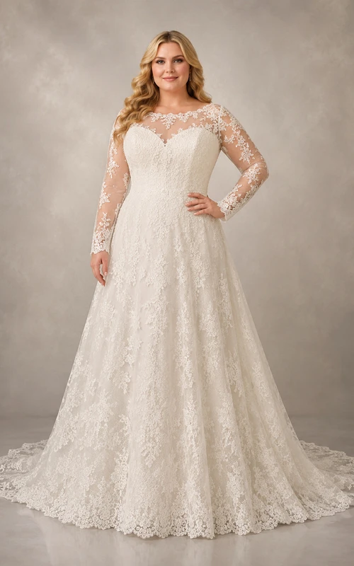 Plus Size Illusion Long Sleeve Lace A-Line Bridal Gown