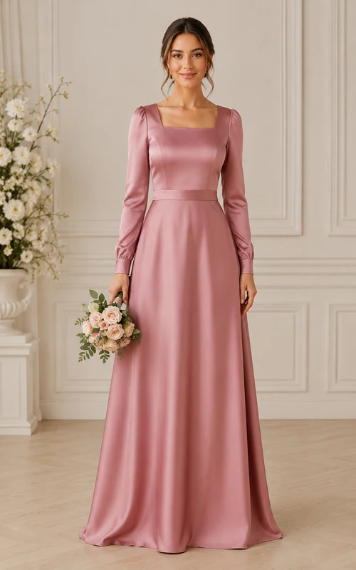 Robe de demoiselle d'honneur en satin rose poudré, coupe trapèze, col carré et manches longues