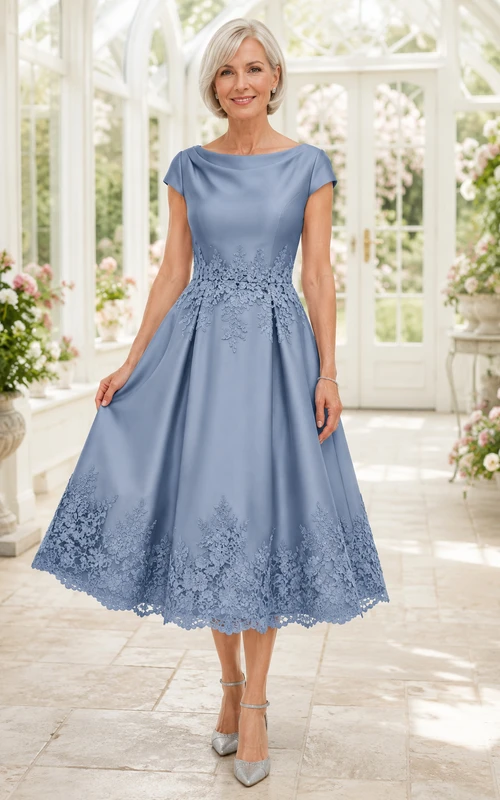 MOB Dress Steel Blue Satin Lace A-Line Short Sleeve Bateau Neck Tea Length Bow Detail