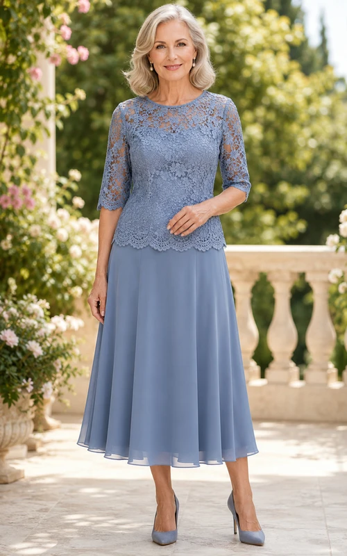 Stahlblaues, schlichtes zweiteiliges Kleid mit floraler Spitze, Dreiviertelärmeln und Teelänge für die Mutter der Braut