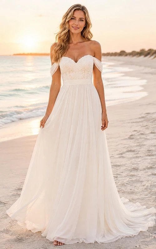 Vestido de novia de gasa con escote Bardot y cola larga, ideal para fugarse a la playa.