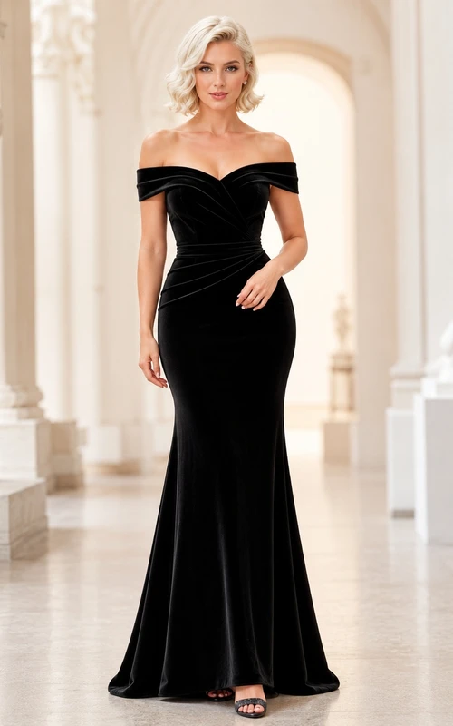 Black Velvet Off-the-shoulder Ruching Mermaid Floor-length Formal Evening Gown