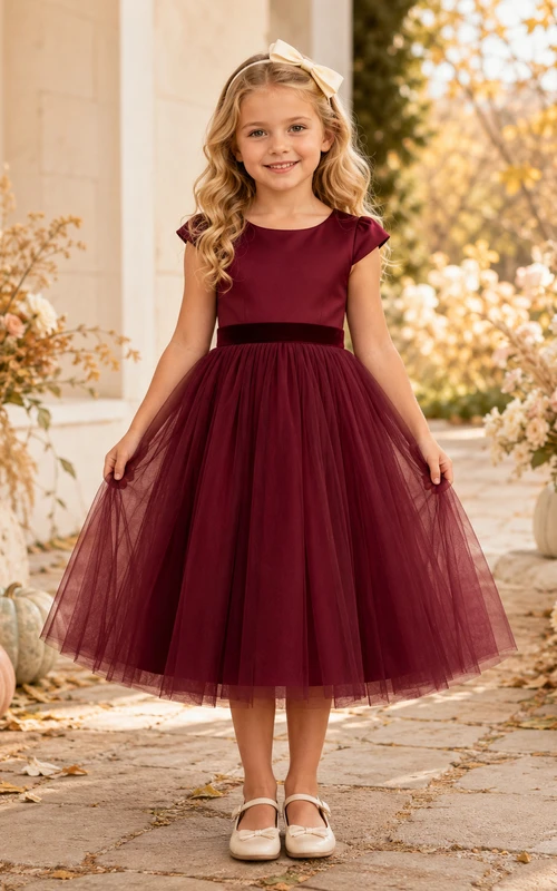 Robe de demoiselle d'honneur élégante, longueur thé, coupe trapèze, en satin bordeaux et tulle, manches courtes, style jardinière.