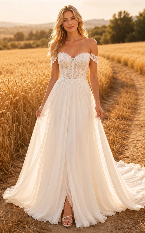 Brautkleid aus Chiffon im Landhausstil, A-Linie, schulterfrei, bodenlang, tiefer V-Ausschnitt