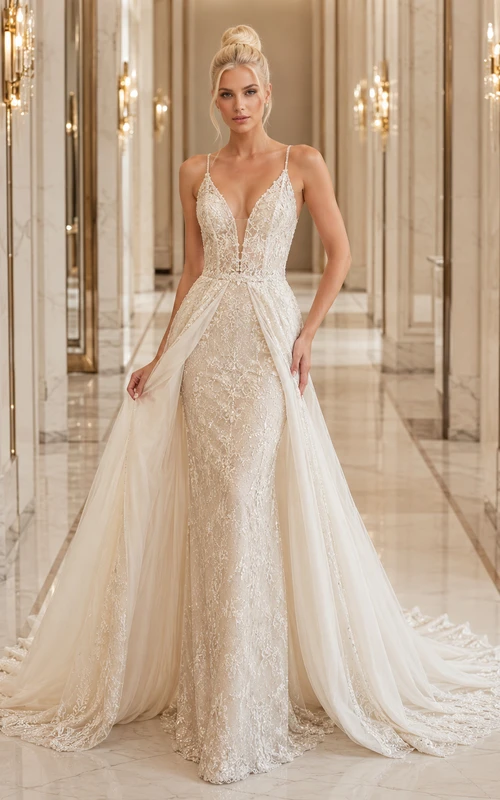 Robe de mariée sirène élégante en dentelle et tulle, décolleté en V profond, sans manches, traîne chapelle, surjupe amovible, dos nu en V profond