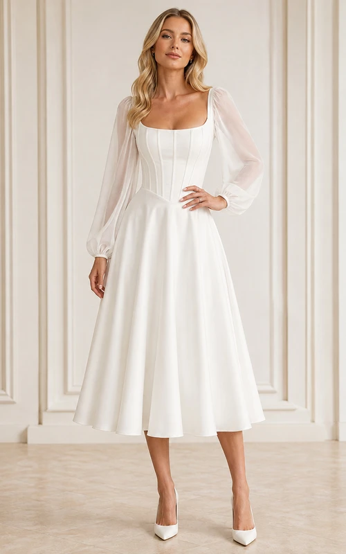 Vestido de gasa blanco de corte A, largo hasta la rodilla, con escote cuadrado y mangas abullonadas, estilo vintage romántico.