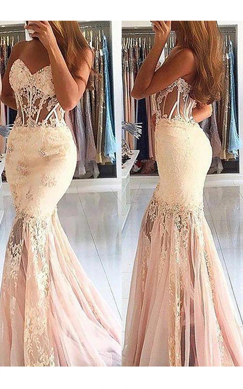 Meerjungfrauen-Trompetenkleid aus Spitze, Tüll, ärmelloses Kleid mit Herzausschnitt und Reißverschluss