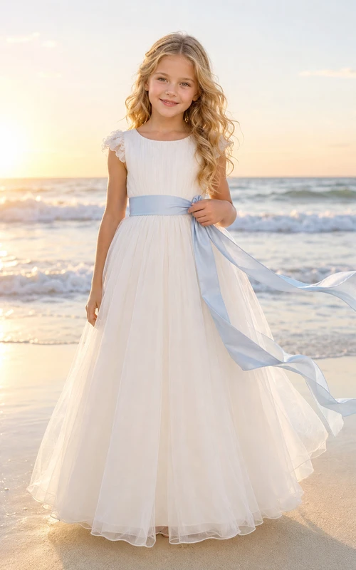 Vestido de niña de las flores, color marfil, encaje, tul, corte en A, cuello joya, largo hasta el suelo.