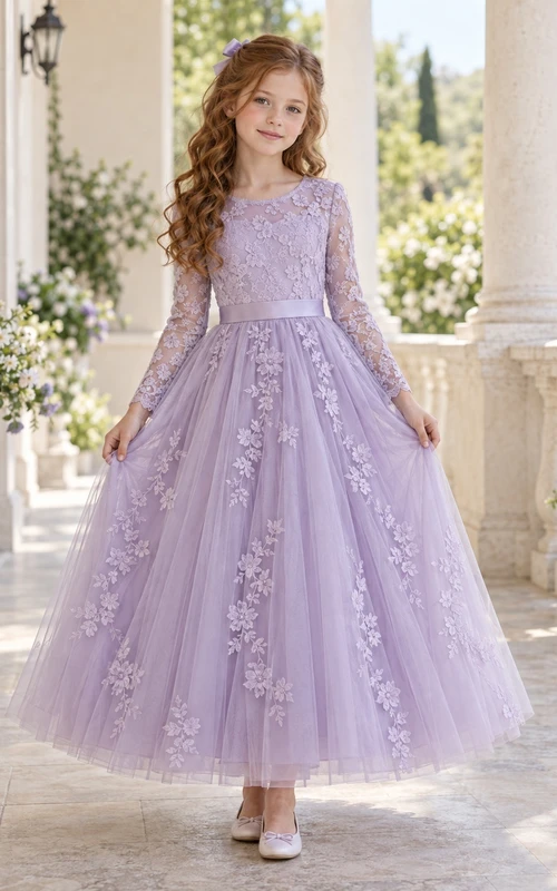 Vestido de niña de flores de manga larga, discreto, con estampado floral lavanda, corte en A, tul, largo hasta los tobillos y lazo en la espalda.