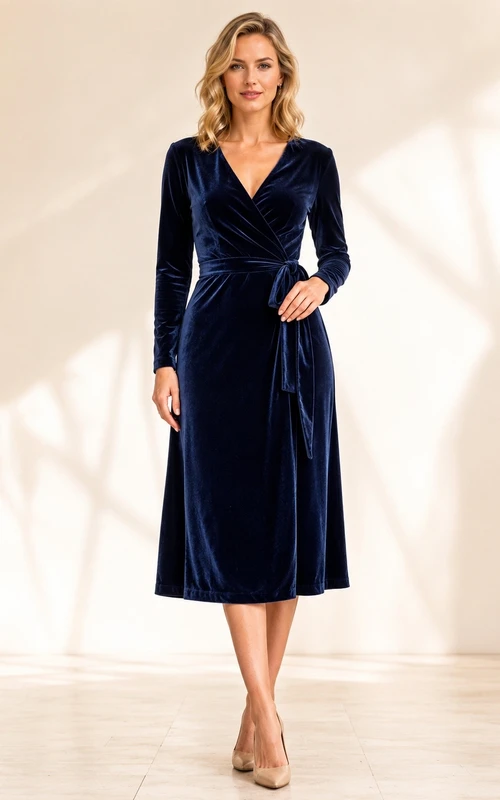 Marineblaues, langärmeliges, wadenlanges Samtkleid mit V-Ausschnitt und dezentem Schnitt