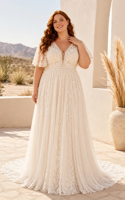 Plus Size V-Neck Cap Sleeve Lace A-Line Wedding Dress with Keyhole Back