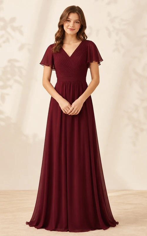 Vestido de dama de honor juvenil color burdeos, corte en A, escote en V, manga corta, fruncido, elegante.
