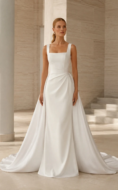Robe de mariée style domaine, en satin transparent, bretelles carrées, sans manches, coupe trapèze, traîne courte et surjupe drapée.