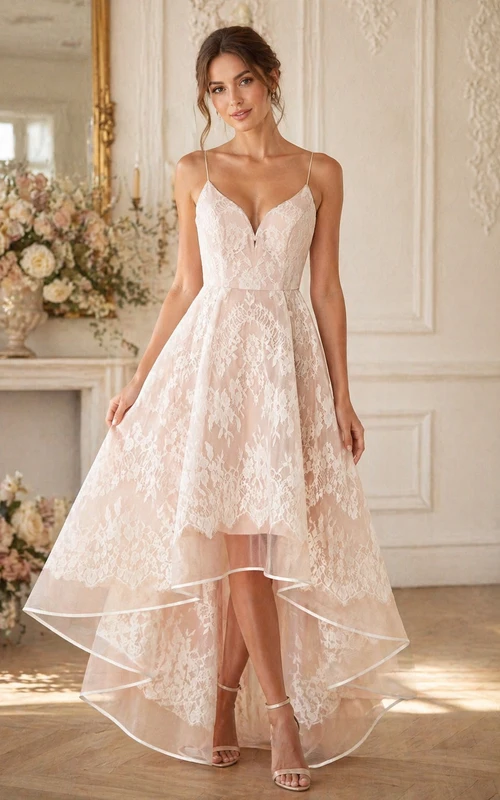 Vestido de novia corto formal vintage sin mangas, corte A, de encaje asimétrico con flores.