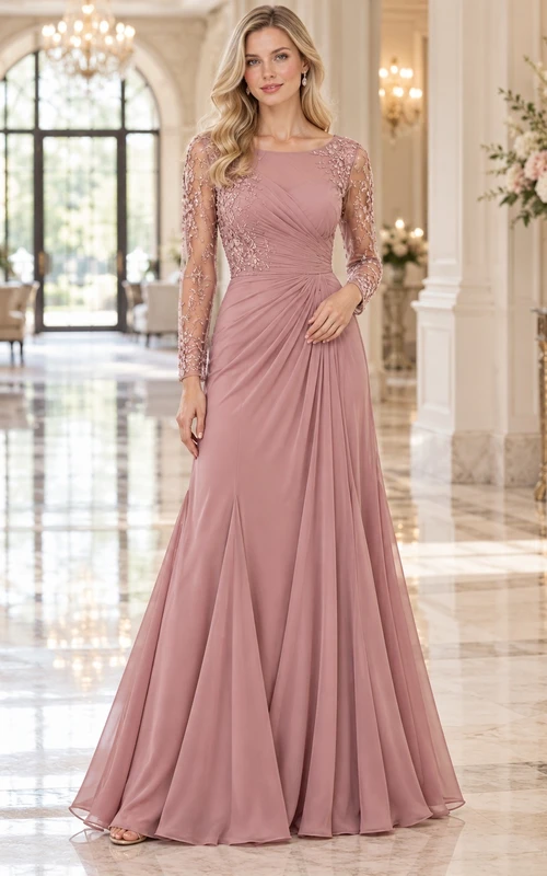 Dusty Rose Boat Neck Lace Long Sleeve Ruched Formal Gown