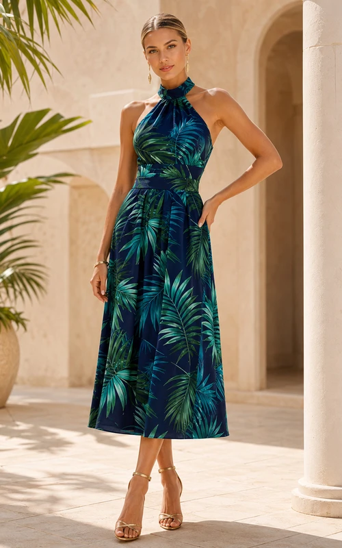 Dark Navy Tropical Palm Halter Satin Midi Guest Dress
