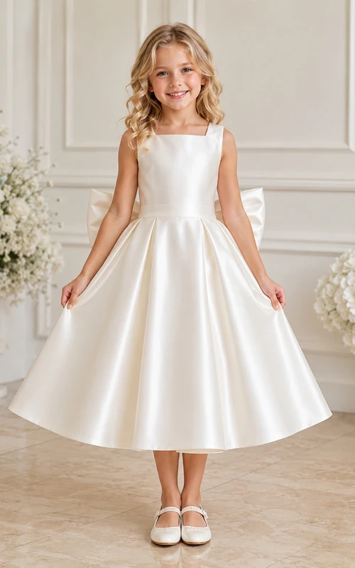 Simple Satin A-Line Flower Girl Dress with Bow Back