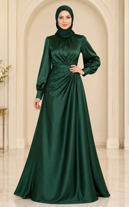 Dark Green Evening Ruched A-Line High Neck Satin Long Sleeve Floor-length Modest Dress