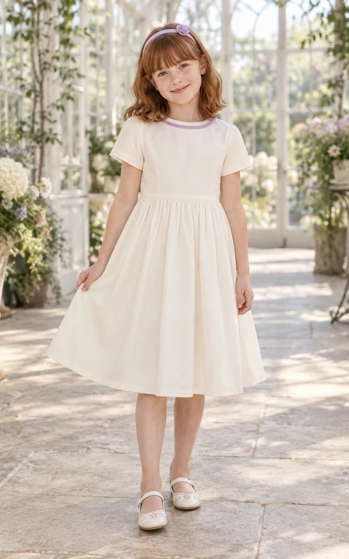 Simple Modest Cream Tea-length Lavender Bound Neck Straight Short Sleeve Flower Girl Dress