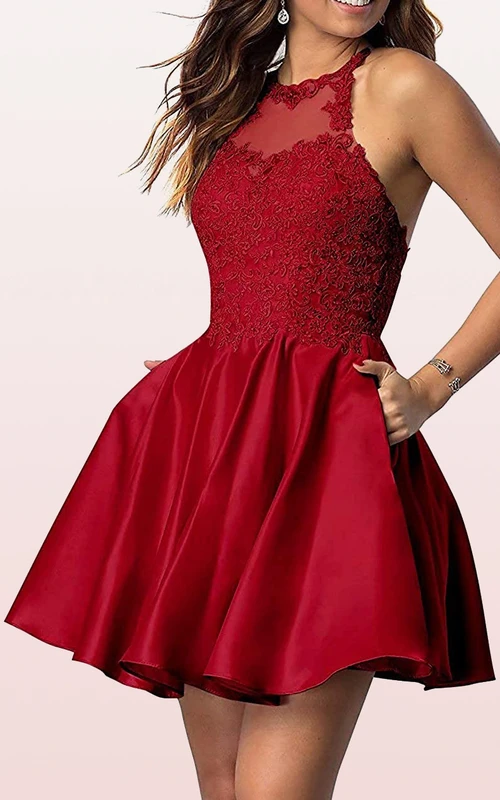 Schlichtes, ärmelloses Mini-Abendkleid aus Satin und Spitze in A-Linie mit Applikationen