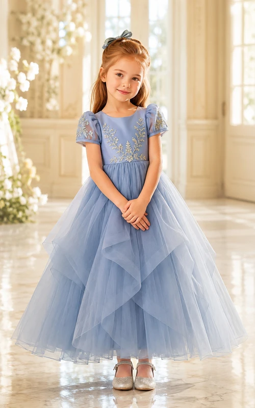 Vestido de niña de las flores, azul acero, encaje, tul, corte en A, manga corta, escote redondo, largo midi, detalle de lazo.