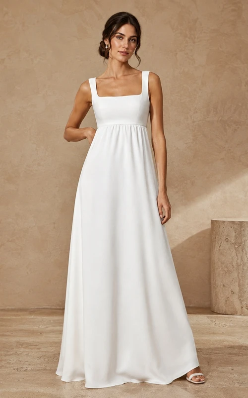 Simple Empire Square Neck Sleeveless Floor-Length Civil Courthouse Wedding Dress
