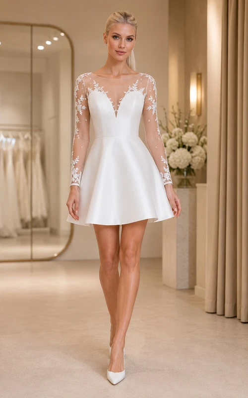 Robe de mariée courte en dentelle à manches longues et col en V