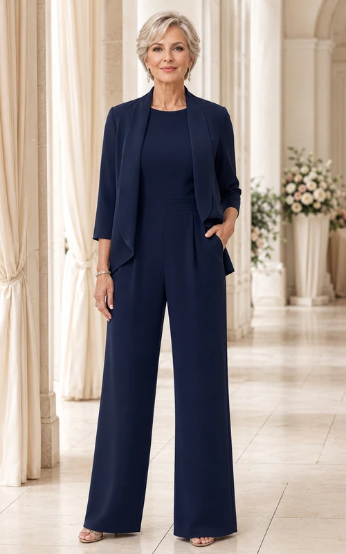 Dark Navy Mother Pantsuit with Simple Tailored Jacket and Wide Leg Pants
